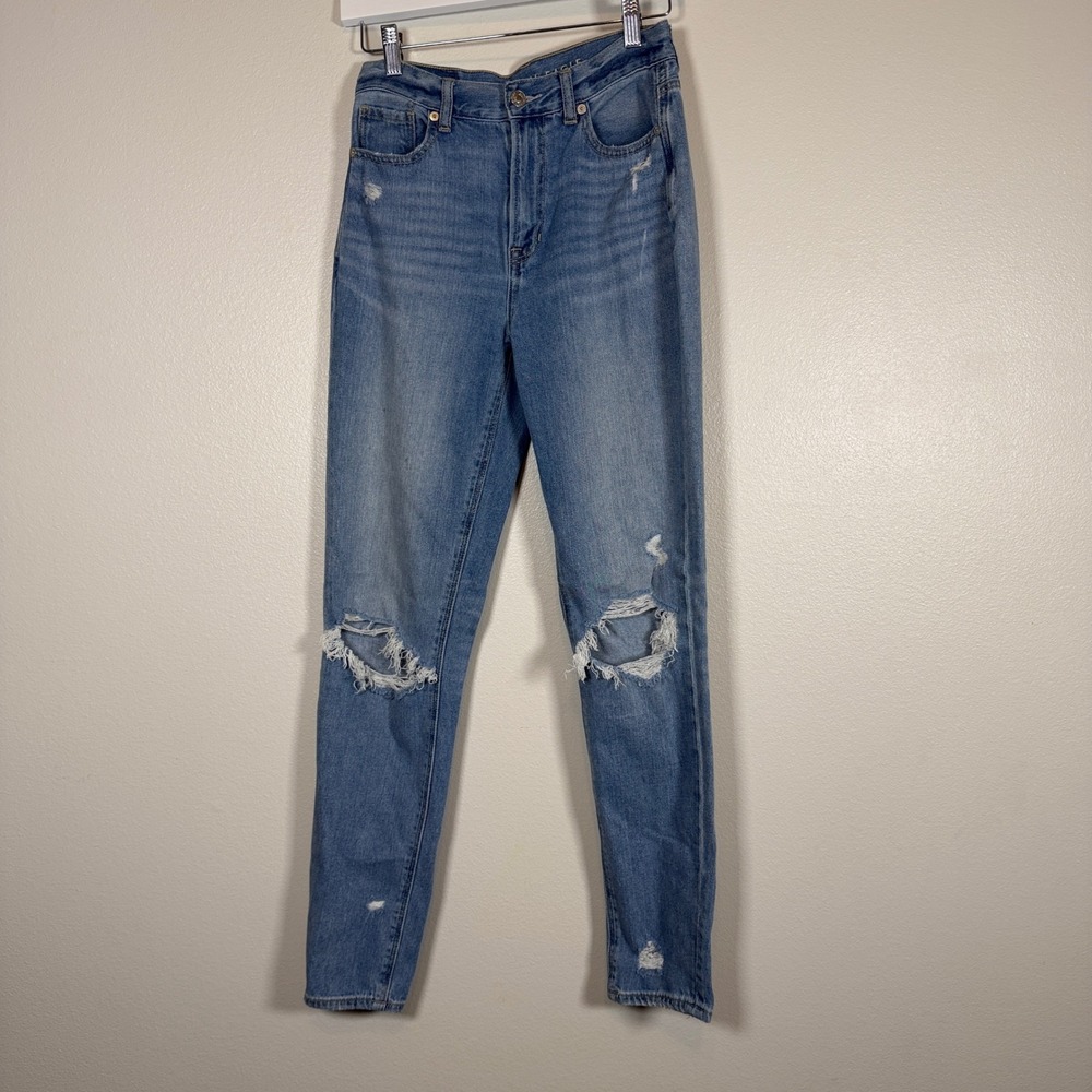 American Eagle High Waisted Distressed Skinny Jeans Medium Wash Blue Denim